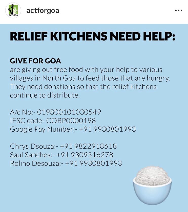 Actforgoa needs your help. Please reach out or RT. Like other parts of the country, there are many going hungry and in need of essentials. Thanks in advance. instagram.com/p/B-Wuh7gJkhM/…  #giveforgoa #givewhatyoucan #GoaStarving #twitter #help #India #hunger