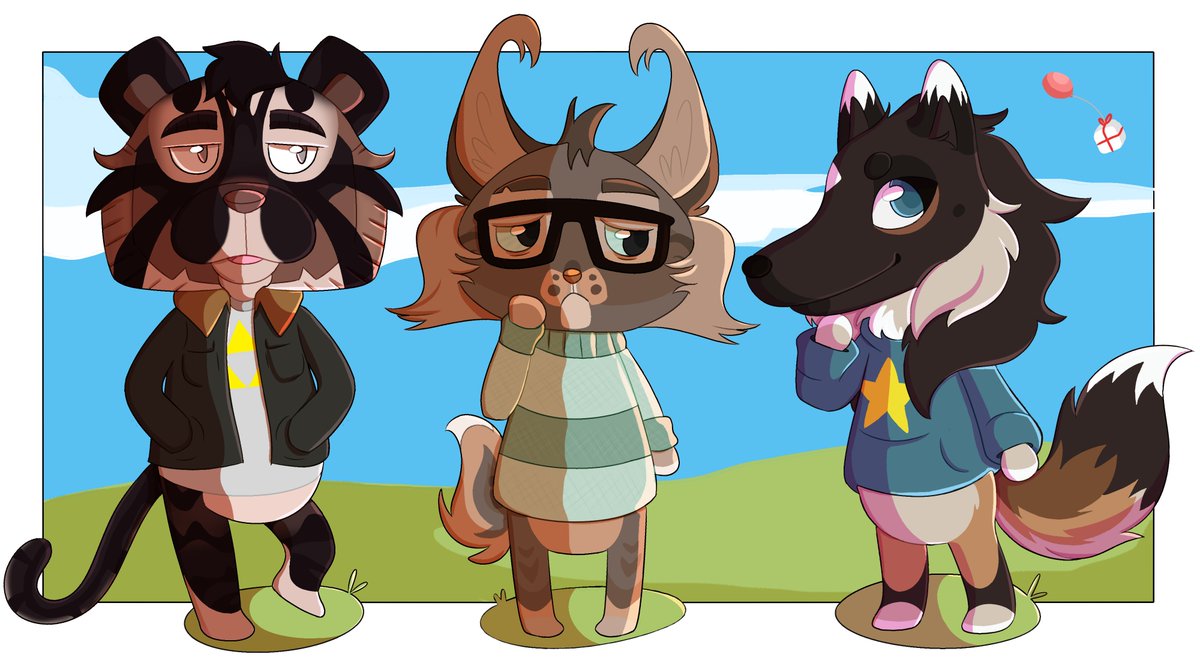 Kaulitzie's tweet photo. Swapped out my partners markings to match his 'sona, him, @owlftuft and me as AC villagers! #AnimalCrossing #AnimalCrossingNewHorizions https://t.co/PW1kGTxTeB