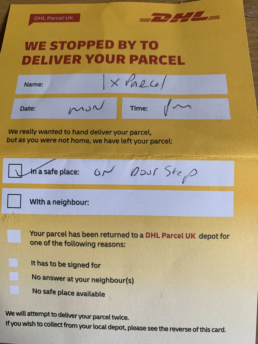 Masseeyy's tweet photo. @dhlexpressuk just to clarify my doorstep was not a safe place. #wheresmyparcel https://t.co/7J40R4SBuV