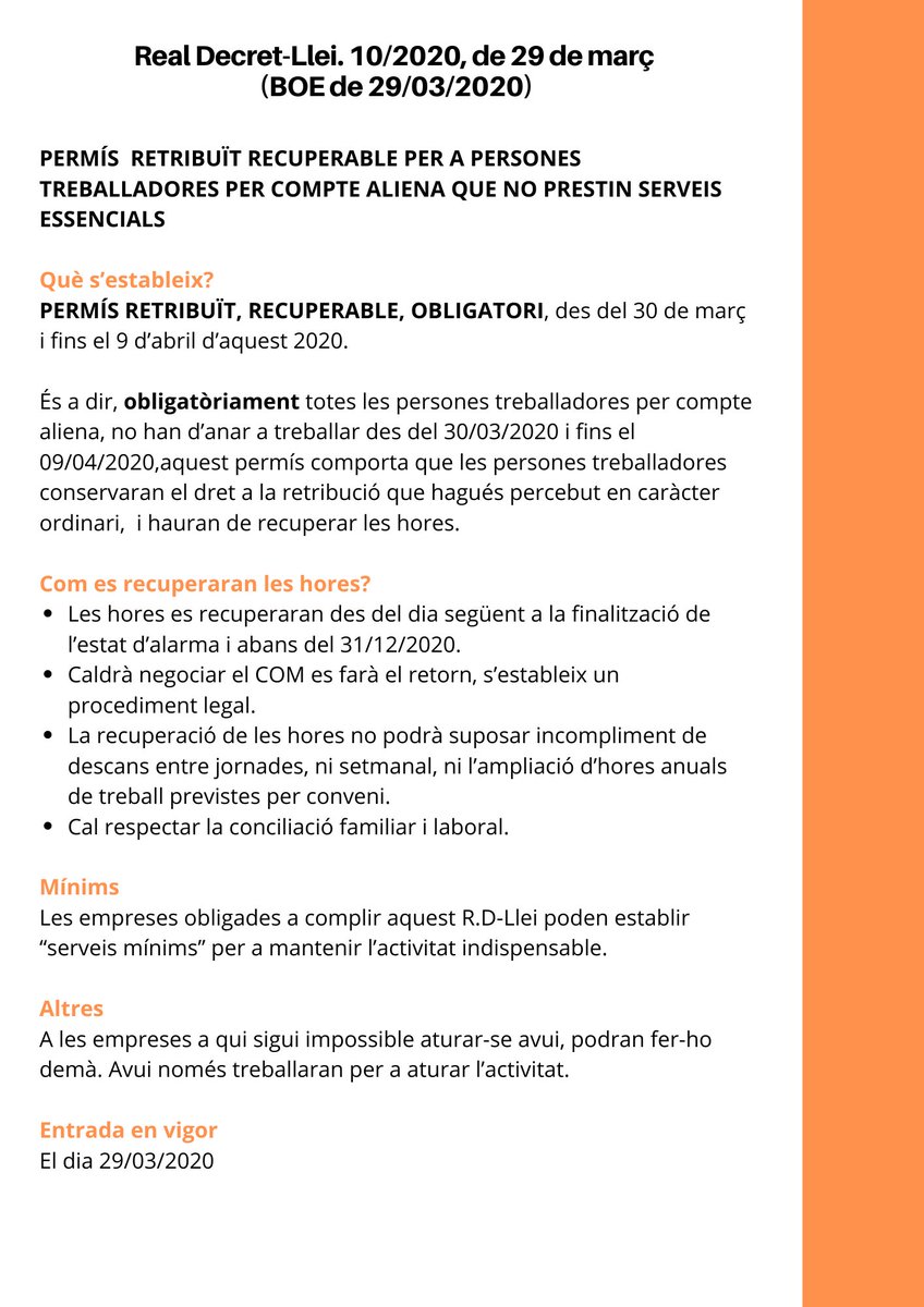 OtGir's tweet photo. Vols saber com aplica el permís retribuït recuperable a causa del #COVID19espana? Us resumim els punts essencials del BOE d'ahir. Qualsevol dubte contacteu amb nosaltres. https://t.co/jaokBqmkcB