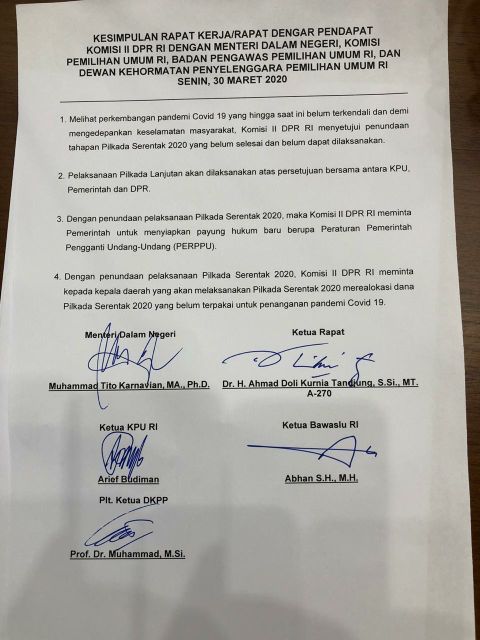 Hasil RDP Komisi II DPR RI dgn Mendagri, KPU, Bawaslu dan DKPP tadi sore-maghrib. Disepakati 4 hal: Kom.II menyetujui penundaan pilkada, pilkada lanjutan dibahas bersama KPU, Pmrnth dan DPR, Meminta Presiden keluarkan perppu dan realokasi aggrn utk Covid19 #pilkada2020ditunda