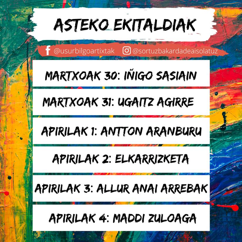 noaua's tweet photo. #Usurbil #SortuzBakardadeaIsolatuz Gaurtik aurrera, ekitaldi gehiago Usurbilgo artixtak orrialdean! Saio denak 19:00etan hasiko dira. Gaur, kirola egiteko aukera Iñigo Sasiainekin.
https://t.co/jCpiQyYZGC https://t.co/65jMn3nYY8