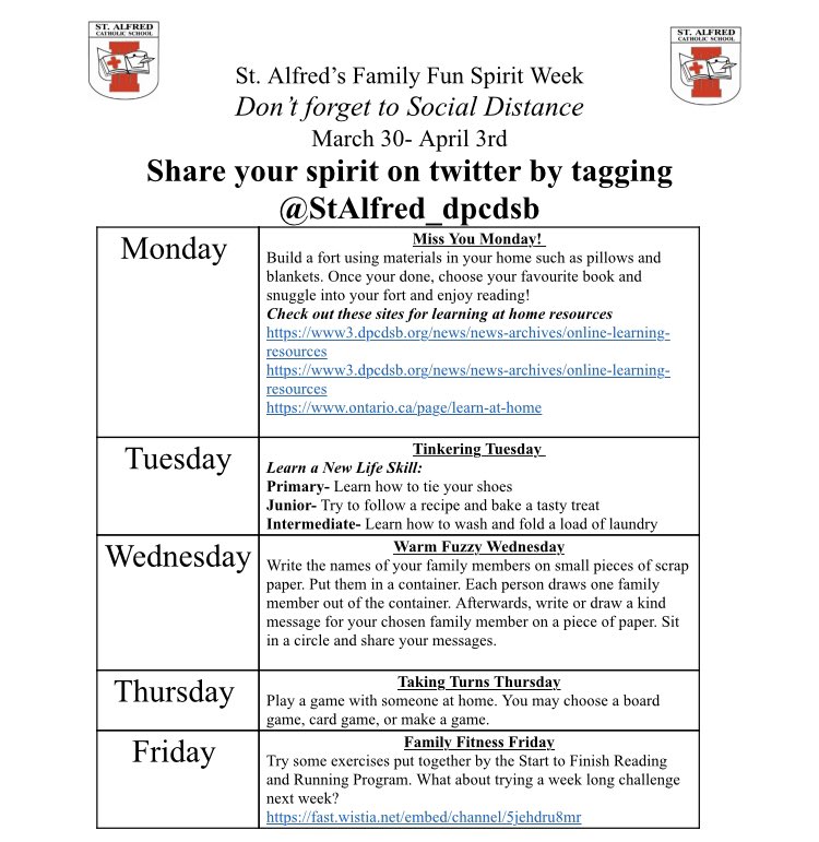Mrs_A_Isaac's tweet photo. Good morning @StAlfred_dpcdsb 🦅🦅. Try out some of these activities and don’t forget to check out the sites for learning at home resources each day (see links in Monday row). Also, tweet it out and tag our school Twitter account! Sending you all ❤️ https://t.co/haNZryXBEB