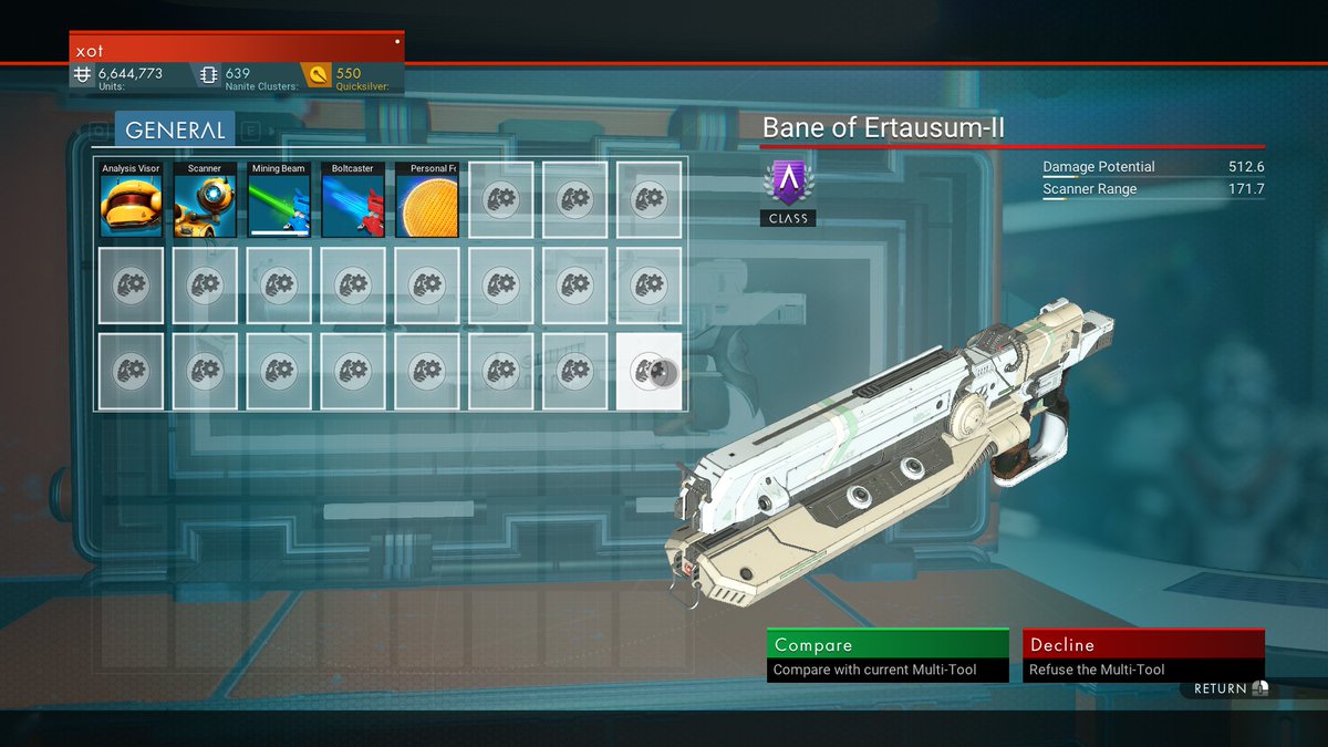 I also finally found a decent multitool. Though not an S-class, it's loaded with slots. $3,400,000 was more than half my cash so I passed on it. But a little while later I freely traded for it with a piece of junk a Vy'keen gave me.