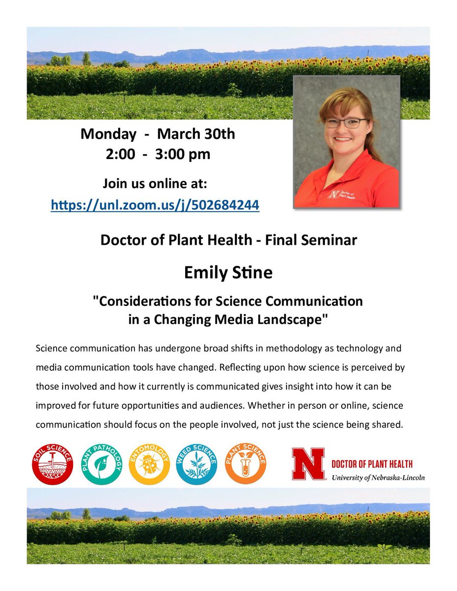 UNLdph's tweet photo. Today @ 2pm (central time)!! Emily will be presenting her final seminar. Please join us via Zoom: https://t.co/FGvNtMHfpm https://t.co/K5nh6Kpn0w