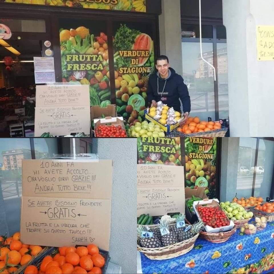 ClaireNoailles's tweet photo. Un maghrébin résidant en Italie  propriétaire d'une épicerie a ouvert gratuitement sa boutique aux italiens. Il a écrit sur une pancarte: vous m'avez accueilli il y a dix ans dans votre pays et aujourd'hui le moment est venu de vous rendre hommage et gratitude!Magnifique!❤️🙏❤️ https://t.co/eIrjedghuF