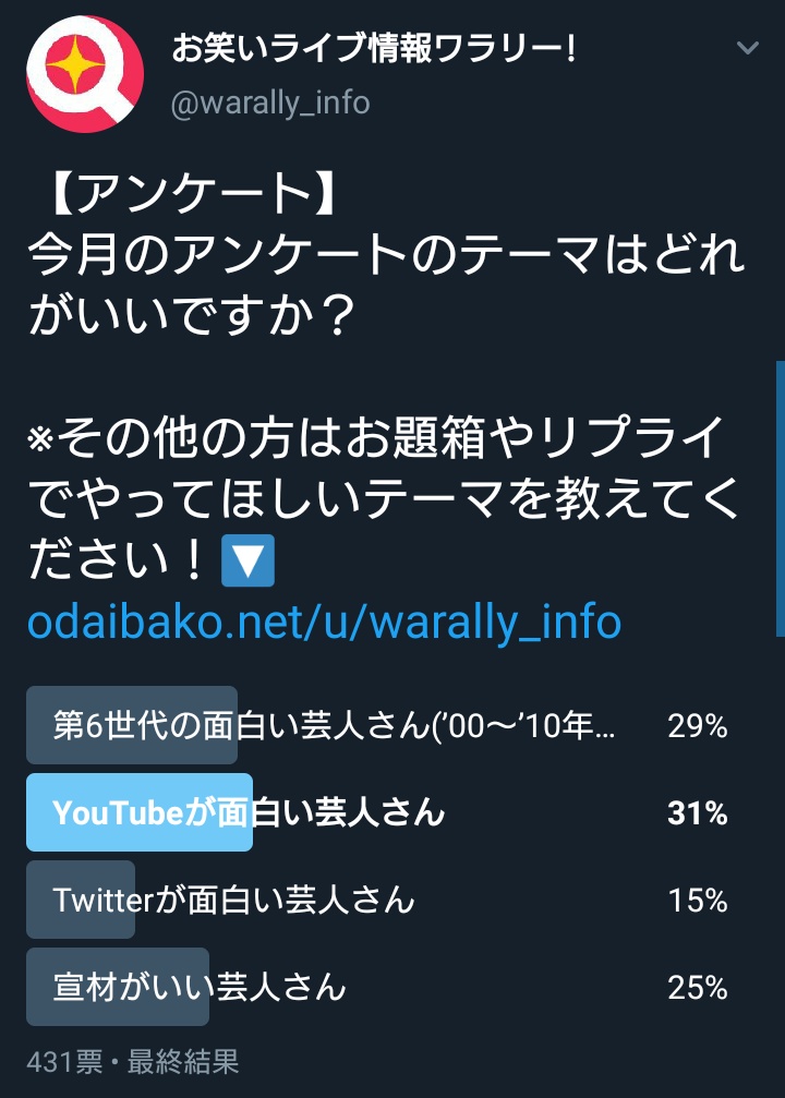 お笑いライブ情報ワラリー Sur Twitter Youtubeが面白い芸人さんアンケート ネタ動画だけのチャンネルもありの方がいいですか