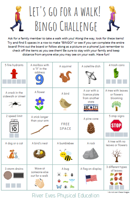 Getting ready for some additional weeks of #HPEatHome so I created "Let's go for a Walk" Bingo Challenge! Guaranteed to make your walk more exciting! Plus- Easy to screenshot and check off on a phone if parents are unable to print! Thanks to <a href="/canva/">Canva</a> for the bingo template!