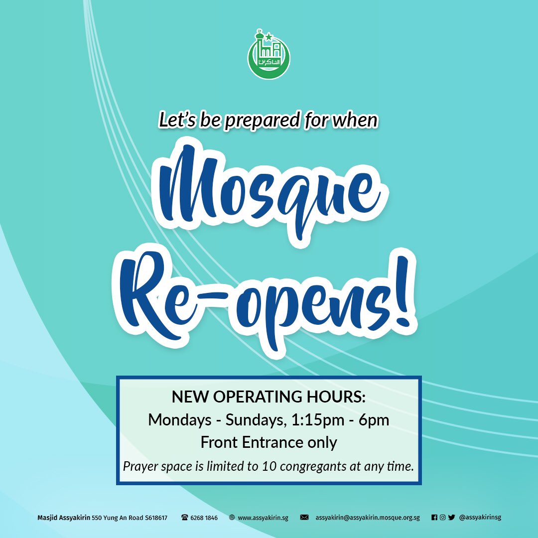 Let's end the night with some good news - our mosque will be opening a small prayer space (limited to 10 pax at any time) from 1:15pm to 6pm starting tomorrow! 😊