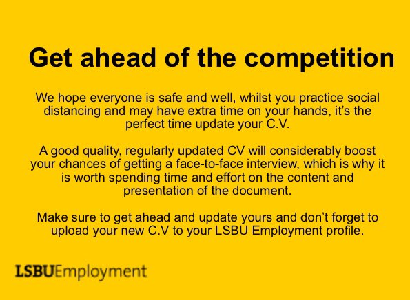 LSBUemployment's tweet photo. Make sure your ahead of the competition #cv #jobsearchtips #studentjobs https://t.co/YBo0Ug1cam
