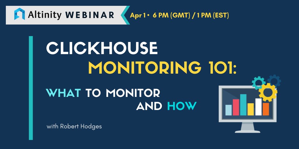 AltinityDB's tweet image. ClickHouse Monitoring Webinar in just a few days: &quot;Monitoring 101: What to monitor and how&quot; - April 1 hubs.ly/H0p0DVb0 #mondayMotivation #clickHouse #AltinityDB #Altinitywebinars-