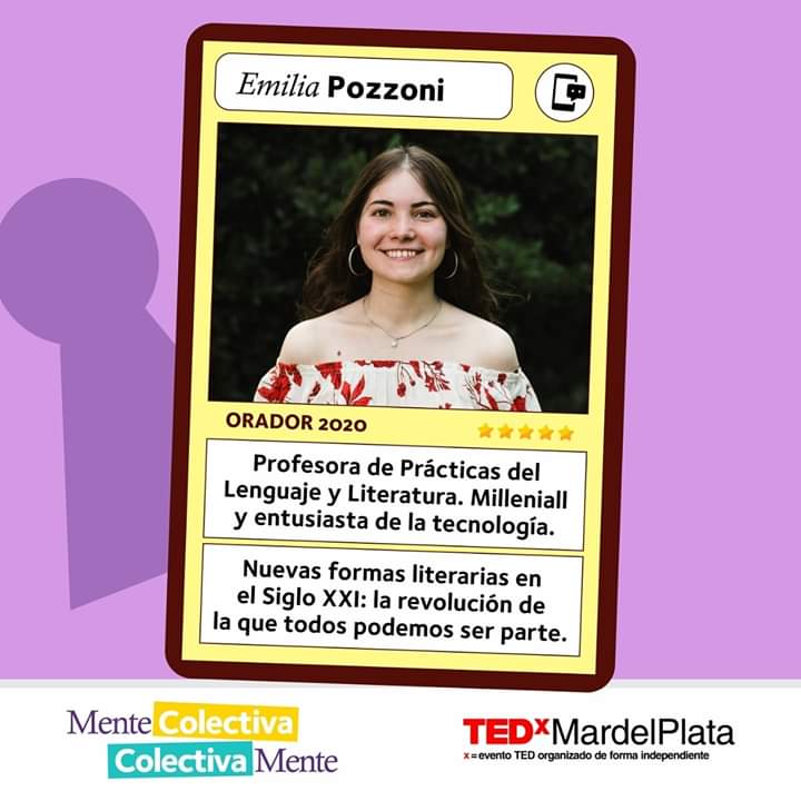TEDxMDP's tweet photo. Les presentamos a Emilia Pozzoni,  otra de las oradoras que se subirá al escenario de las #TEDxMardelPlata 2020.
✔Profesora de Prácticas del Lenguaje y #Literatura. Milleniall y entusiasta de la tecnología.
✔Nuevas formas literarias en el Siglo XXI. https://t.co/M7lKbY3H5u