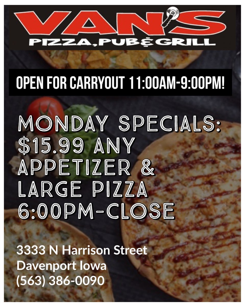 Vanspizza09's tweet photo. Open 11:00am-9:00pm. 
(563) 386-0090 😁🍕

Full menu available for carryout! https://t.co/y1nbvqEU7F