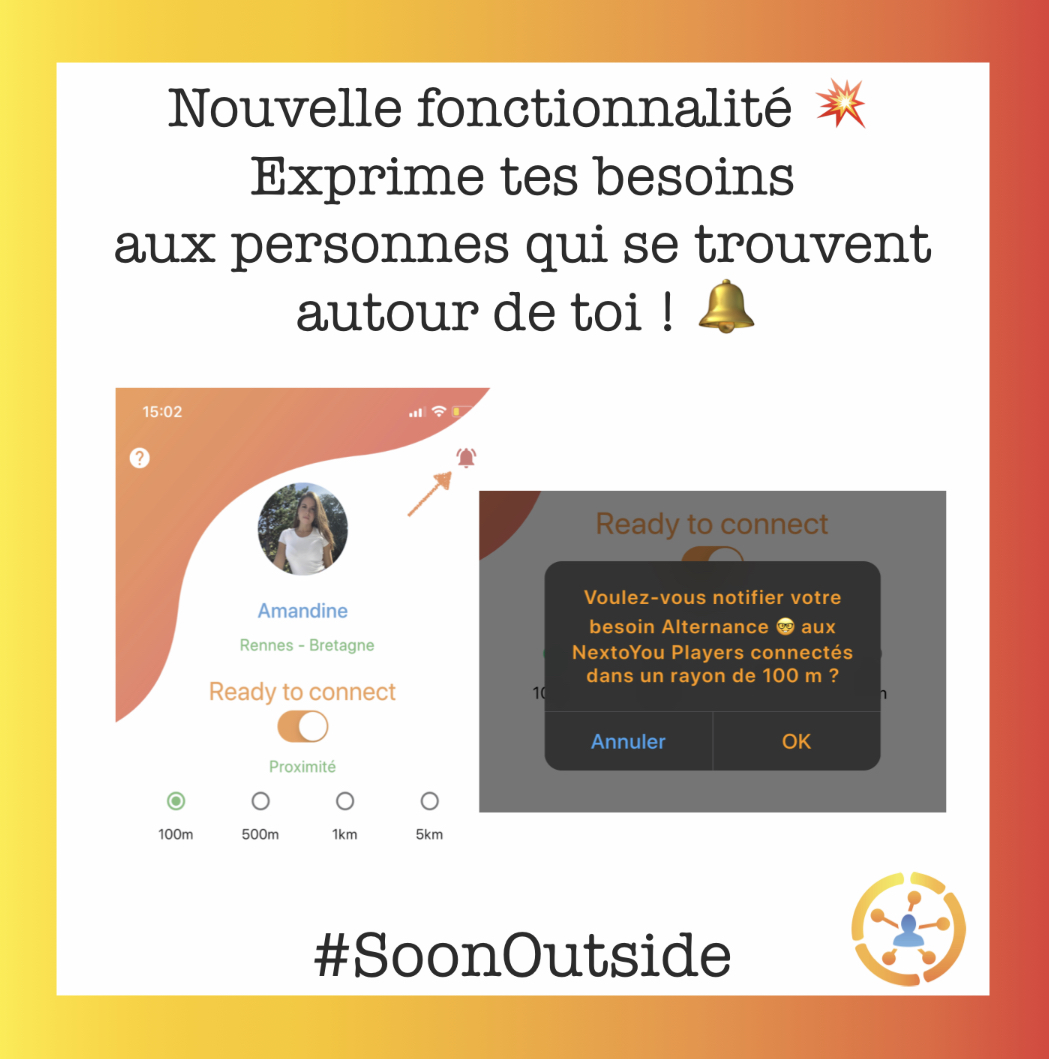 NextoYouProject's tweet photo. 🚨 BIG NEWS 🚨
Nouvelle fonctionnalité #RingNow sur #NextoYou ! 🔔
#SoonOutside tu pourras exprimer tes #Needs aux personnes disponibles à proximité ! ✨😁
▶️ https://t.co/xuTvts4CcT
#AppMobile #Rennes #Rencontre #Entraide #RestonsChezNous #ConfinementJour20 https://t.co/6eOTl1nLSK