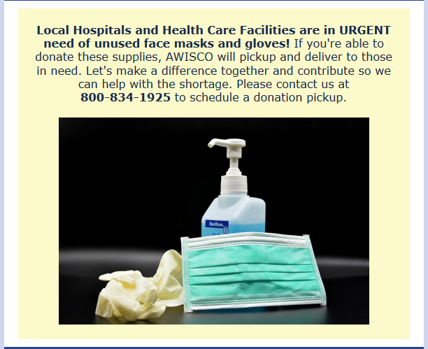 AwiscoWelding's tweet photo. Local Hospitals and Health Care Facilities are in URGENT need of unused face masks and gloves! Let AWISCO know if you can contribute at 800-824-1925. https://t.co/FQ2Vxoi6lJ