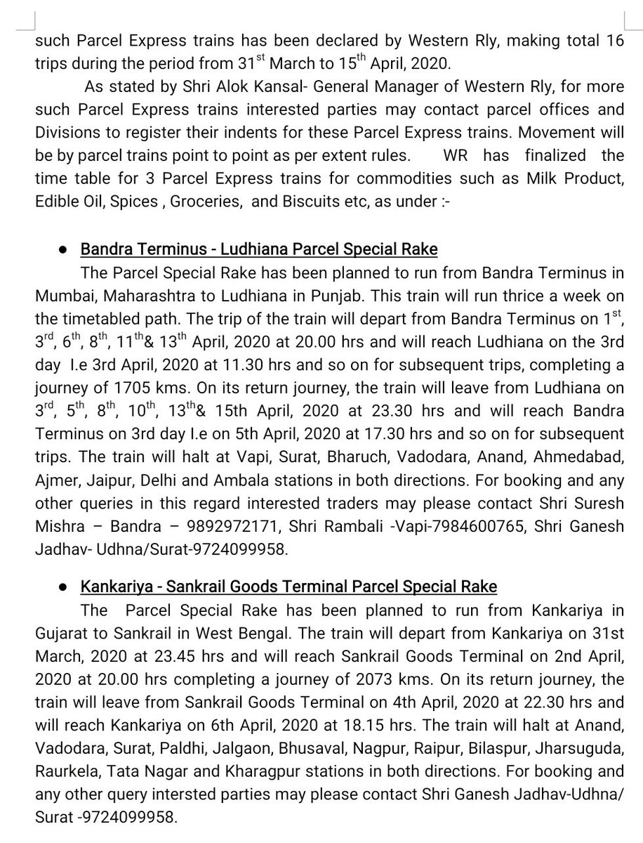 WesternRly's tweet photo. WR has announced time table of 3 Special Parcel Express trains to transport essential items like medical supplies, medical equipment, food, etc in small parcel sizes to mitigate the difficulties of #lockdownto a certain extent, making total 16 trips from 31/03/2020 to 15/04/2020. https://t.co/UXPpqmjxhe