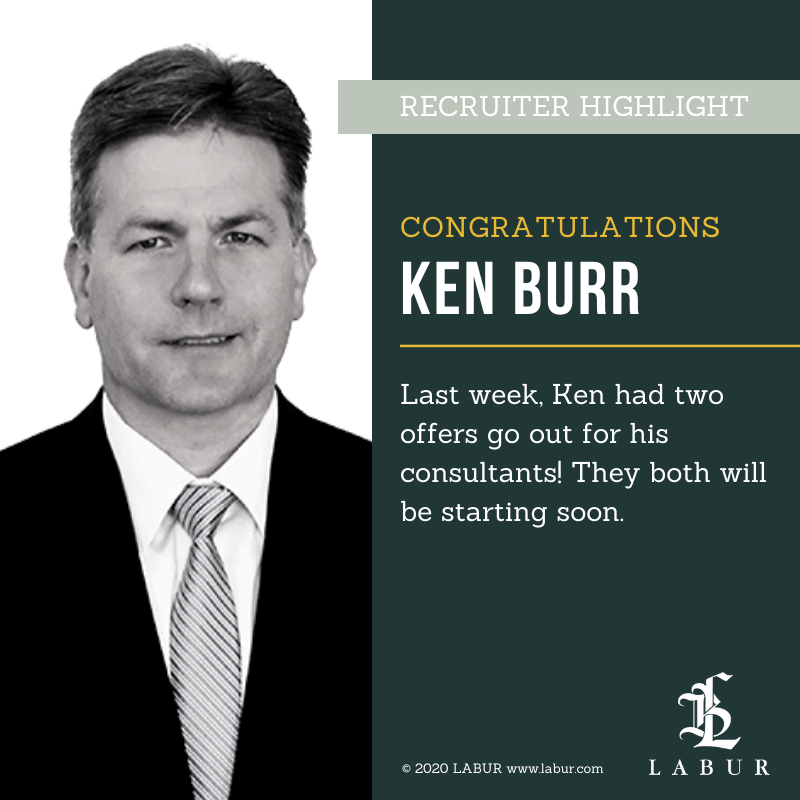 LABURconsulting's tweet photo. Shout out to Ken Burr for securing two offers for his consultants last week! We still have very active clients looking to secure senior-level #IT talent for their projects. Check out the LABUR Career Portal for the latest. https://t.co/0HmaQaDqBa https://t.co/9h8cHmggXm