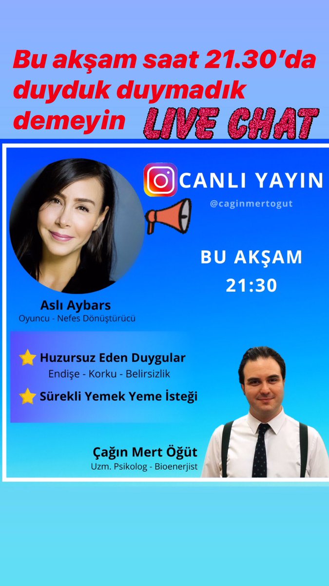asliaybars's tweet photo. Bu akşam Uzman Psikolog Çağın Mert Öğüt’ün konuğu olacağım.

⭐️Evde kaldığımız süreçte yaşadığımız duygularla nasıl başa çıkabiliriz

⭐️Sürekli gelen yeme isteği için ne yapabiliriz

⭐️Merak ettiğiniz daha çok konu ile ilgili harika bir yayın yapacağım

⭐️21:30 da sizi bekliyorum https://t.co/NkusphYFBb