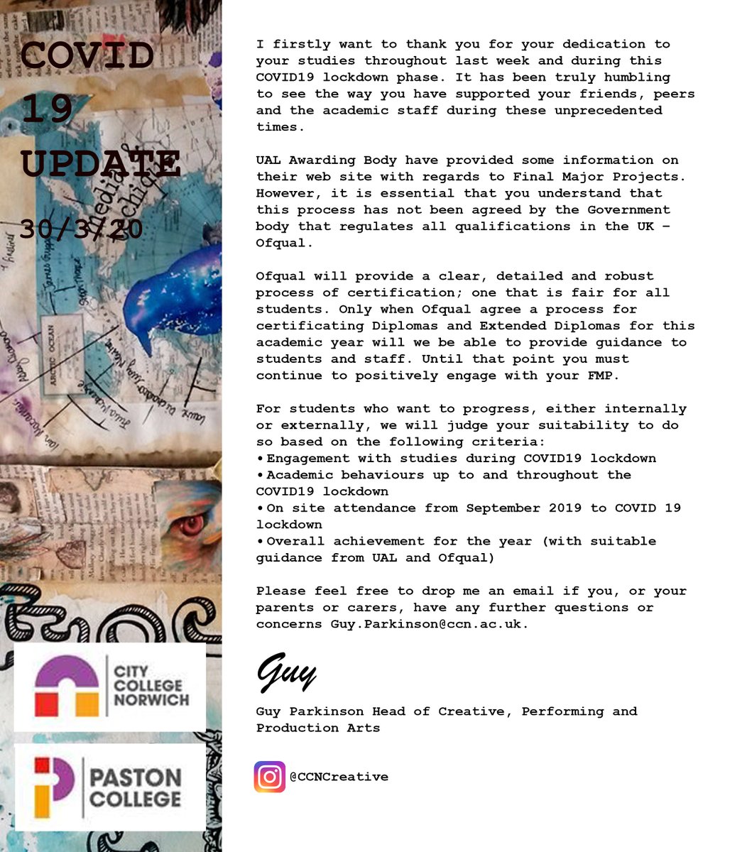 A #COVID19 update for our students studying <a href="/UALawardingbody/">UAL Awarding Body</a> Diplomas and Extended Diplomas. Please continue to work towards the published FMP deadlines during this lockdown phase. A huge thank you to all <a href="/norwichcollege/">City College Norwich</a> <a href="/CCNCreativeArts/">CCN Creative Arts</a> students and staff embracing #Digital