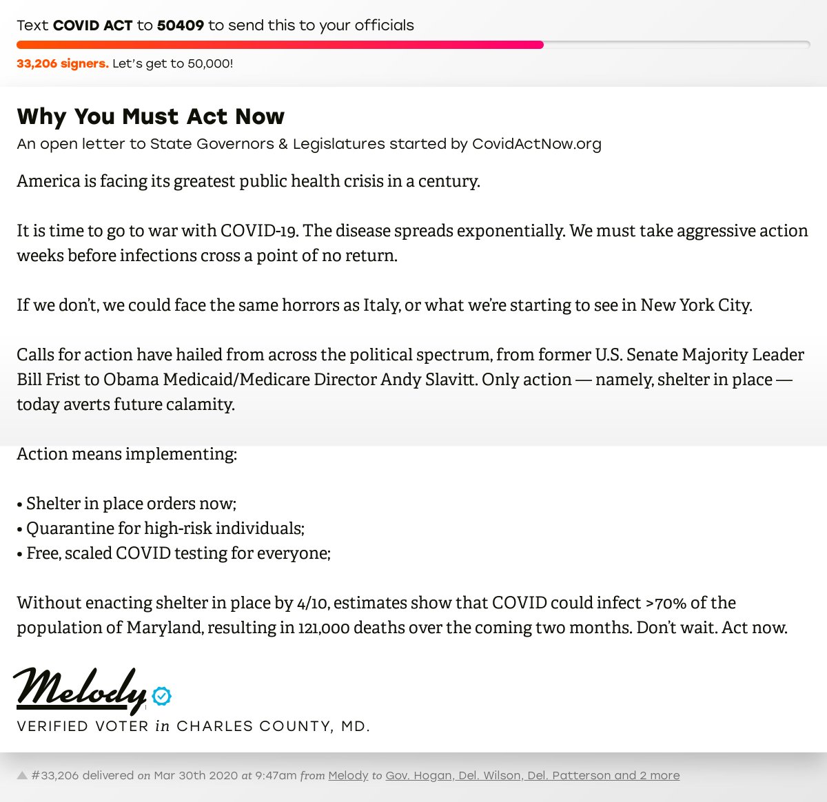 openletterbot's tweet photo. 🖋 Support Melody by signing “Why You Must Act Now” and I’ll deliver a copy to your officials too: https://t.co/oznS17Am8r

📨 Last delivered to @LarryHogan, Delegate Wilson, Delegate Patterson and 2 more  #MDpolitics #MDpoli #COVID19 https://t.co/hFB3L5ppIF