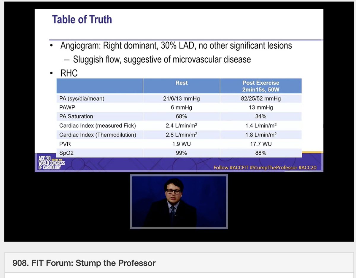 DoctorLatina's tweet photo. @CharlieJainMD is presenting a case of βexercise induced pulmonary hypertension...but then got worse with sildenafil and much worse with Macitentan. Always go back to theπ #StumpTheProfessor #ACC20 #ACCFIT @MayoClinicCV @ACCinTouch @worldheartfed https://t.co/RkdykSBK0D