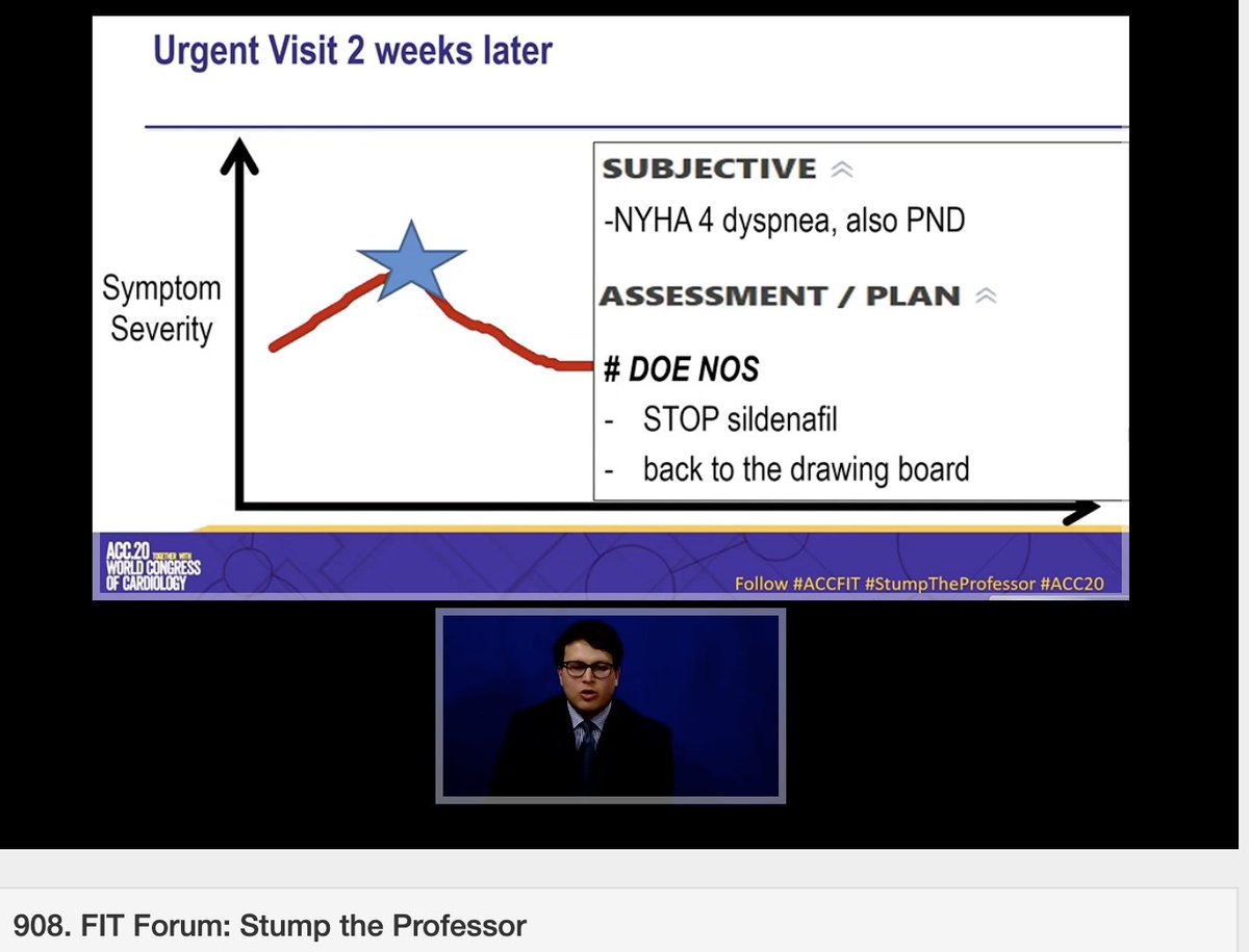 @CharlieJainMD is presenting a case of ❓exercise induced pulmonary hypertension...but then got worse with sildenafil and much worse with Macitentan. Always go back to the📝 #StumpTheProfessor #ACC20 #ACCFIT @MayoClinicCV @ACCinTouch @worldheartfed