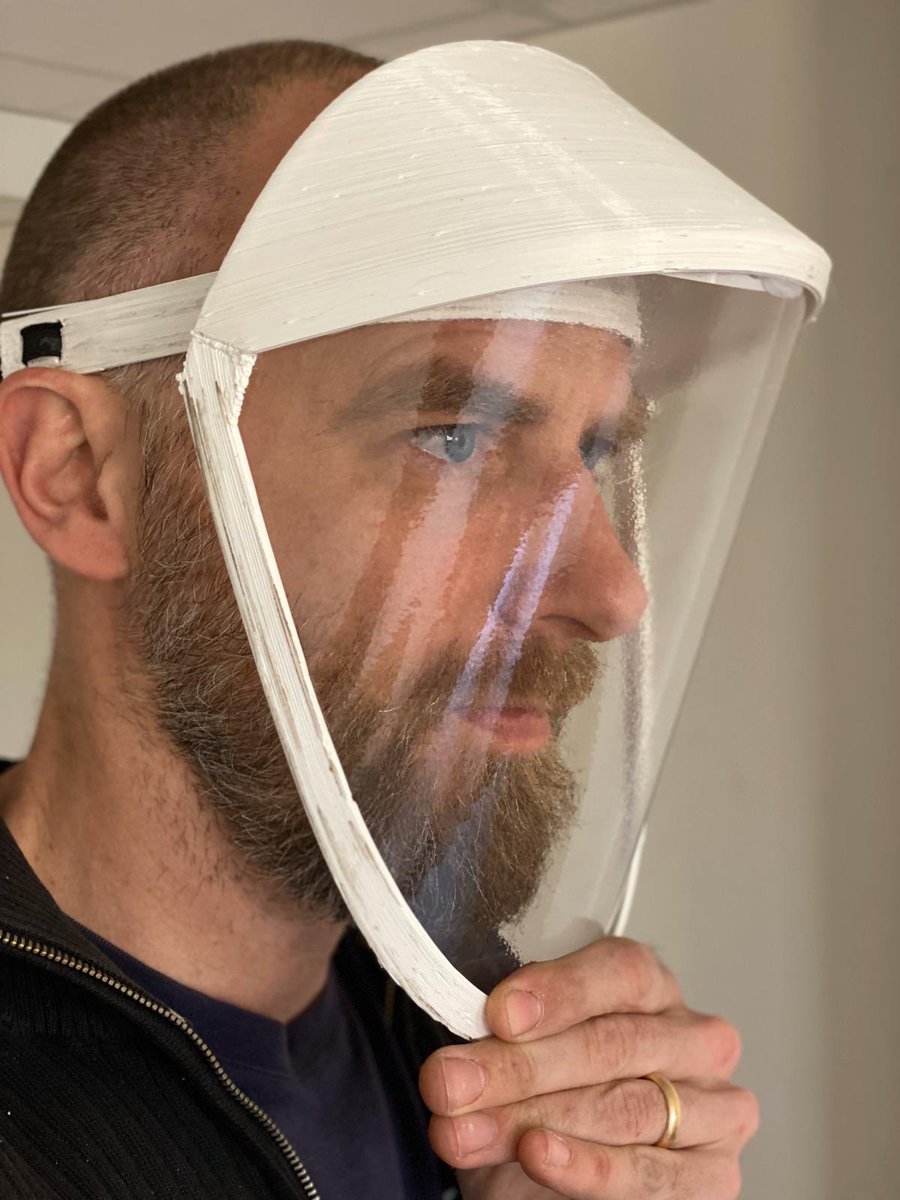 shervin's tweet photo. Our first 3D printed face shield went from design to alpha print within 48 hours. @HealthOSnetwork next print will be final printed one and specs will be published. https://t.co/9Px4HNtwn6