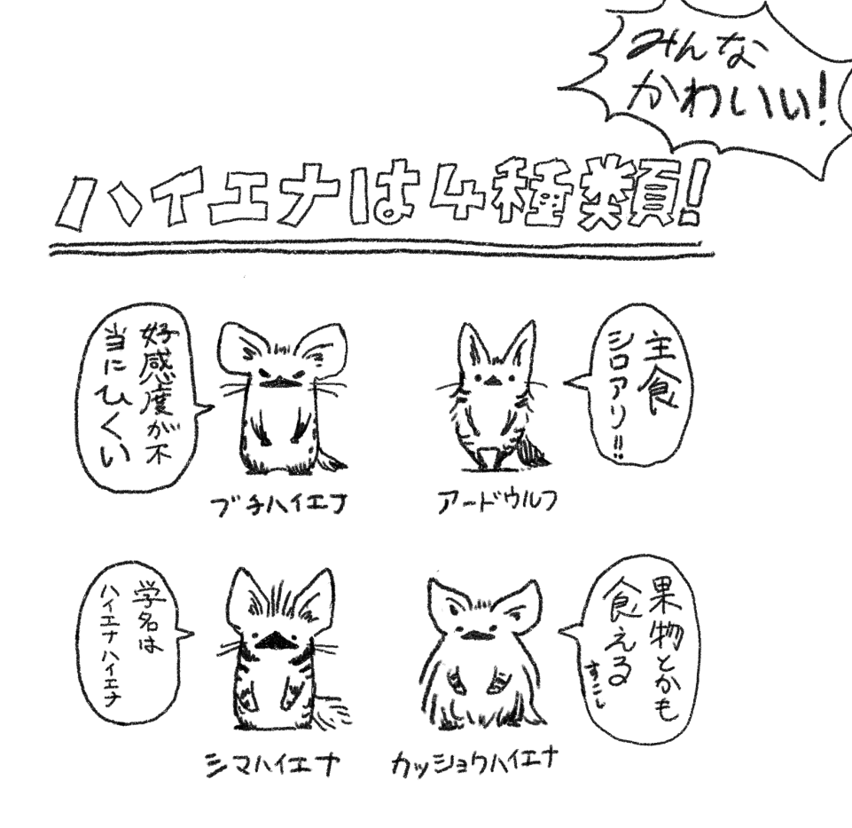 ハイエナのなかまは4種類います。1種類おぼえるごとに幸せになるでしょう。リカオンはハイエナではなく犬に近いどうぶつですがやはりかわいいですね。ここ次の中間テストにでます。 