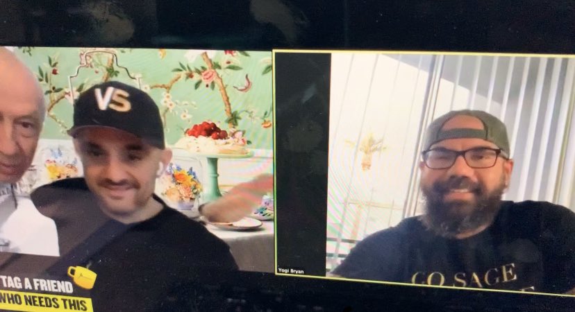 realyogibryan's tweet photo. I got to chat with @garyvee and saw his Dad.  I signed up for @winetexts for my lady.  She’s a wine drinker.  Thank you so much Gary for having me on and answering my question.  Love you man 🙏🏻 #garyvee #teawithgary https://t.co/4Llai4czOS