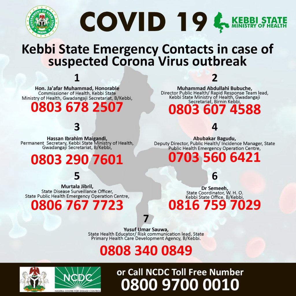 We urge residents not to panic, follow expert advice and obey restrictions. Rest assured the government is doing all it can to avoid the spread of #Coronavirus to Kebbi and getting prepared. #StaySafeNigeria #handwashing #SocialDistancing <a href="/NCDCgov/">NCDC</a> <a href="/Assad_HY/">Dr. Assad Hassan</a> <a href="/KebbiPHEOC/">Kebbi PHEOC</a>