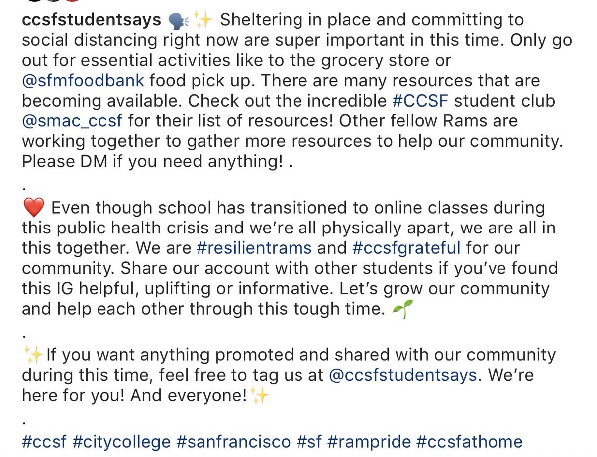 CCSFStudentsays's tweet photo. If you need help or to be heard, DM us. We’re here for students and we’re trying to get as many resources together with other student groups. #resilientrams #rampride 

#WeAreAllInThisTogether
#resilientrams
#ccsf #sf https://t.co/F5Vm2LKAro