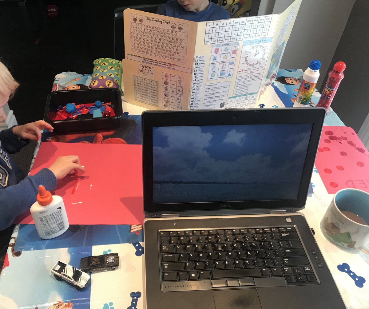 KSuvoda's tweet photo. Good morning! Working together in our make-shift at home learning space! #StayAtHome #learningfromhome #preschoolwork #gradeone #teacherwork https://t.co/YVCI8lgd4U