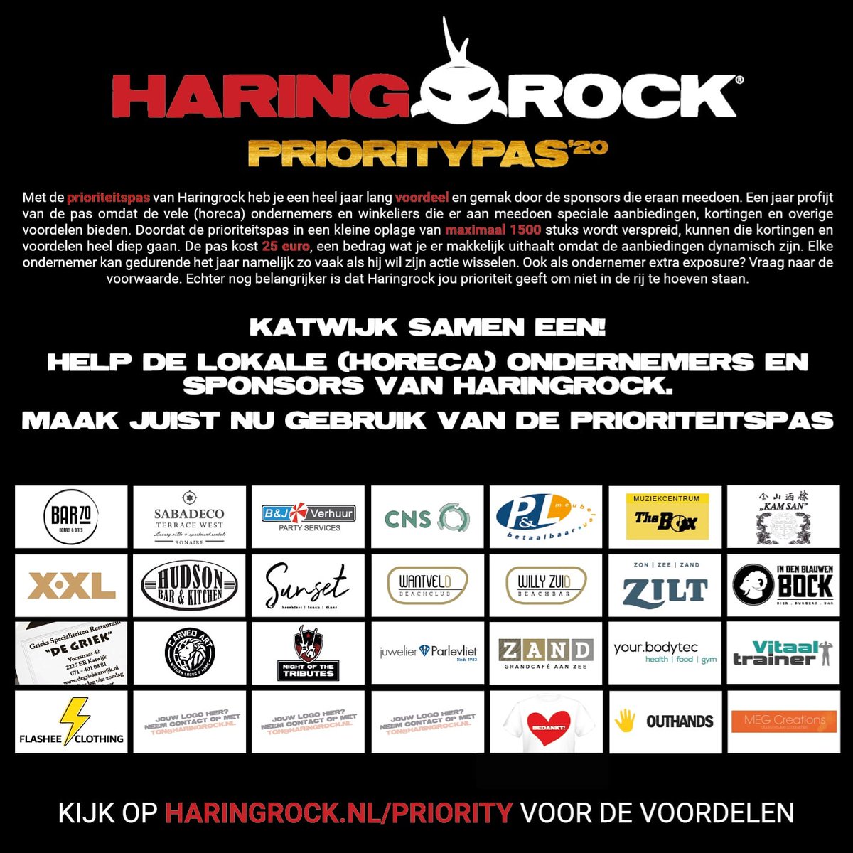 Katwijk, samen één!!! Word de komende tijd ons slogan.

Haringrock is ook een podium voor onze (horeca)ondernemers en sponsors. Juist in deze moeilijke tijd willen wij  er ook voor hun zijn.

#staysafe #ondernemersplatform #covid19 #eventmarketing #katwijksamen1 #prioriteitspas