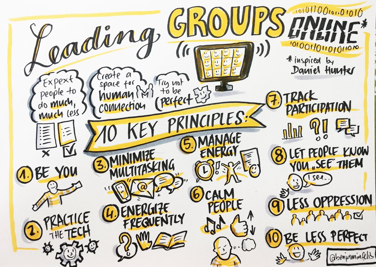 How to lead groups online? What is the difference between physical and online meetings? What does this mean for group leaders, facilitators and hosts?

After reading a free ebook by Daniel Hunter - shared by <a href="/drawing_change/">Sam Bradd</a>  on Linkedin- I roughly summed up the key aspects. Enjoy