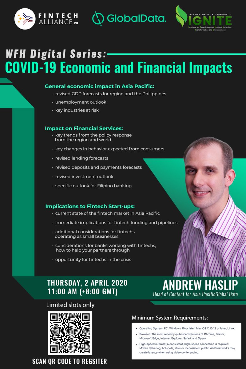 FinTechAllPH's tweet photo. WFH Digital Series: COVID-19 Economic and Financial Impacts. Register now. #fintechalliance https://t.co/OtsEGgn5h7