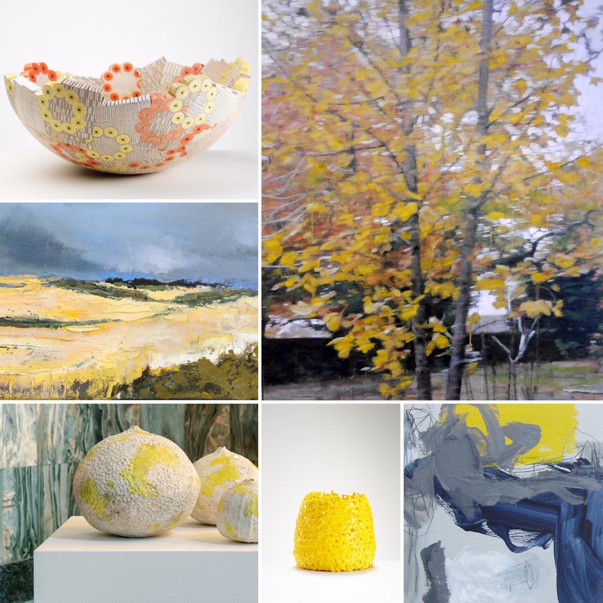 Cavalierofinn2's tweet photo. Some work by our artists to bring you joy today - yellow is uplifting and  this is the common deniminator here 💛 clockwise from top left @frances_priest @KateShermanArt @Angela_Charles @Mimiiclay #akikohirai and #DJLowrie https://t.co/IBGwtgmqfh