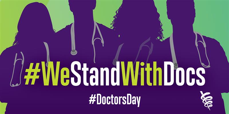 AmerMedicalAssn's tweet photo. Happy #DoctorsDay! Now more than ever, it is crucial that we show our love and support to all the physicians working tirelessly to protect patients from #COVID19. Show gratitude to the doctors in your life and let them know #WeStandWithDocs. https://t.co/p1vPrClUCR https://t.co/YYTWpu6vHf