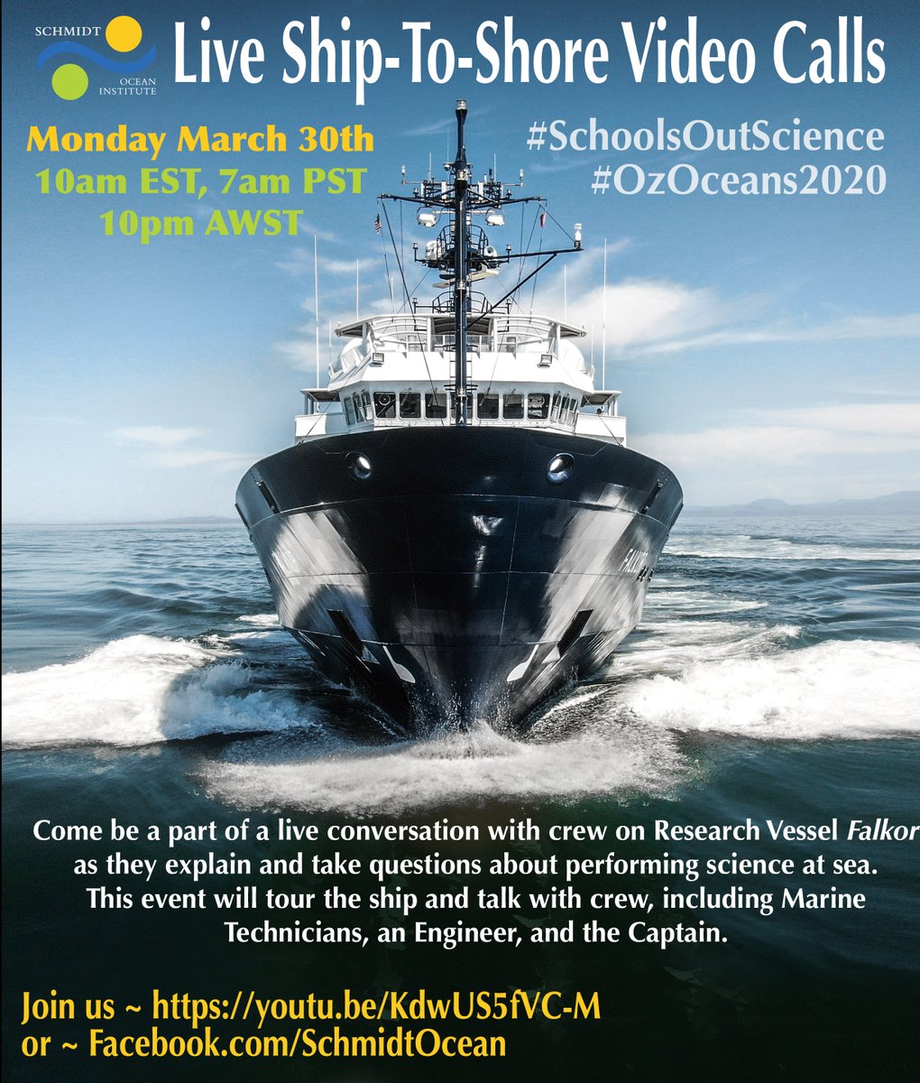 SchmidtOcean's tweet photo. Starting now! Join for live conversation w/ crew on R/V Falkor as they explain+take questions about performing science at sea. #NingalooCanyons
This event will tour  ship and talk w/ crew: Marine Technicians, an Engineer, and the Captain #SchoolsOutScience
https://t.co/yGRKnePHrS https://t.co/somb2OGiBD