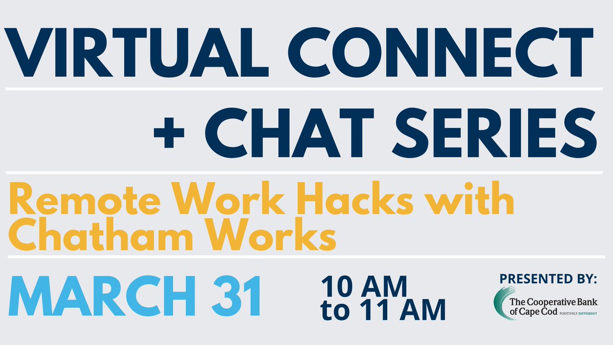CCYP's tweet image. Our second Virtual Connect + Chat is TOMORROW! We're focusing on how to make working from home a breeze with expert advice from @chathamworksMA. Join us at 10 AM: zoom.us/j/935022713 &amp;gt;&amp;gt;