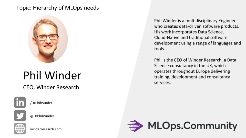Building a little hype for this week’s MLOps meetup! We have <a href="/DrPhilWinder/">Phil Winder</a>  joining us to get real technical about the Hierarchy of MLOps needs. 

Reserve your spot Wednesday for 5 pm GMT. meetup.com/bristech/event…