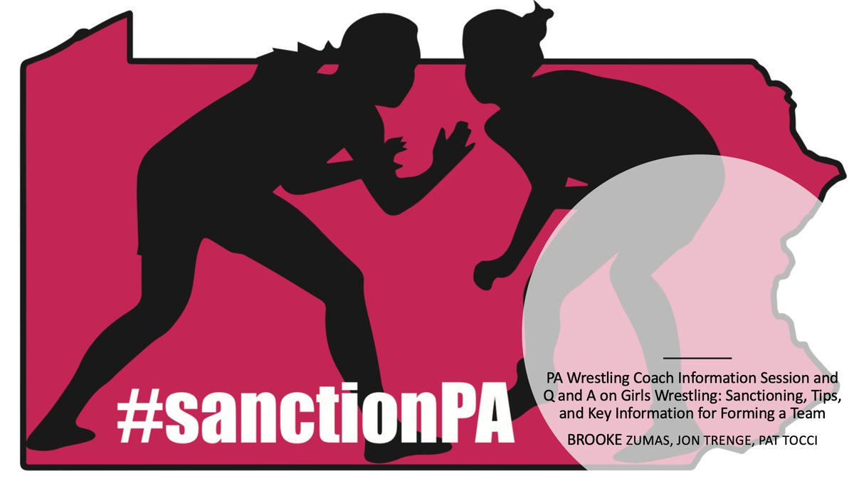 Brooke Zumas, Jon Trenge and I will be hosting a webinar for PA Coaches about our #sanctionpa girls wrestling efforts on Wednesday at 7pm. We will be hosting future webinars for athletic directors and parents/supporters. Coaches can register at: zoom.us/meeting/regist…