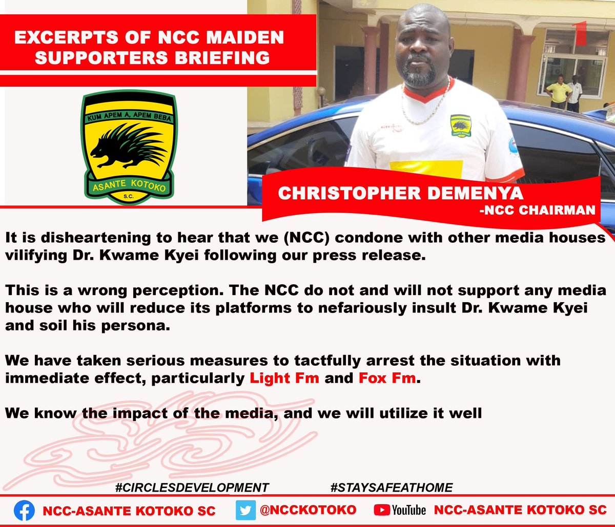 NCCKotoko's tweet photo. Here are some of the excerpts of the address of last Saturday's Supporters briefing by @NCCKotoko Chairman, Christopher Demenya.
#CirclesDevelopment
#StaySafeStayHome https://t.co/yA06uzvPHX