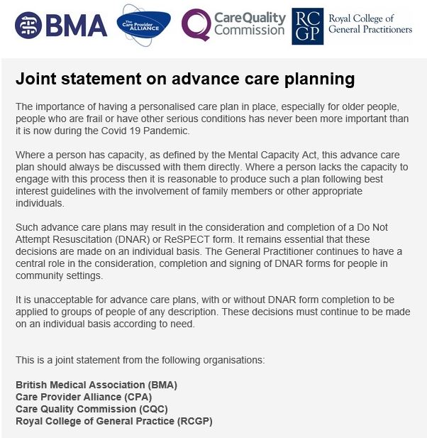 CQCProf's tweet photo. We've issued a joint statement on advance care planning with @TheBMA @CPA_SocialCare and @rcgp https://t.co/Ezo9MHJOlE