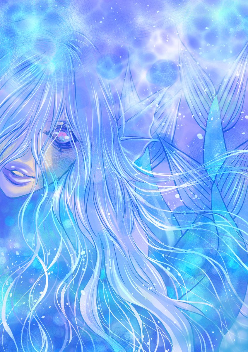 solo long hair 1boy male focus head fins blue theme white hair  illustration images
