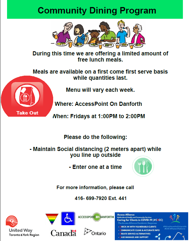 AccessAlliance's tweet photo. #FoodSecurity is #HealthEquity. Community dinning programs are very important for neighborhoods struggling with poverty. Now that we cannot invite you to dine-in with us, free meals are available for take-out at #AccessPointOnDanforth. Fridays 1-2 p.m. #C4CC #Here4theVulnerable https://t.co/oZkIYnJcSB