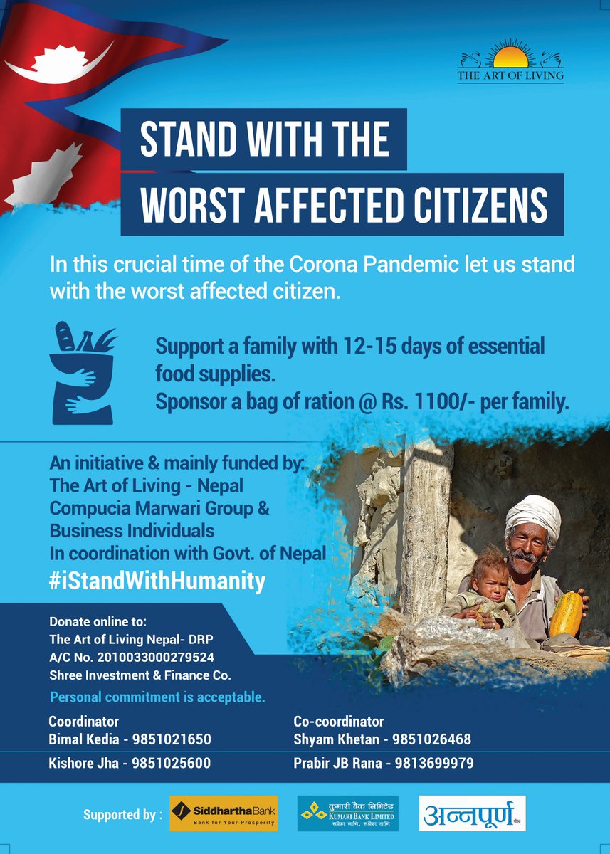 aolnepal's tweet photo. Each Family supported a bag with 5kg Rice, 1.5kg Lentils, 2 Kg Beaten rice, 1ltr Cooking Oil, 500gm Salt, 10packets Noodles &amp; 2 Soaps

Pledge w/ @ArtofLiving #Nepal #iStandwithHumanity 
9851021650, 9851025600, 9851026468, 9813699979

#ArtofLivingImpact #AOLDisasterRelief #COVID19 https://t.co/S5V8gOtOrh