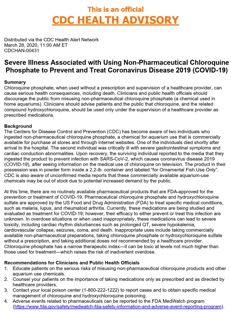 MMHomeCare's tweet photo. Severe Illness Associated with Using Non-Pharmaceutical Chloroquine Phosphate to Prevent &amp; Treat Coronavirus Disease 2019 (COVID-19)

Chloroquine phosphate, when used without supervision of a healthcare provider, can cause serious health consequences, including death. https://t.co/cEQoio5BFX