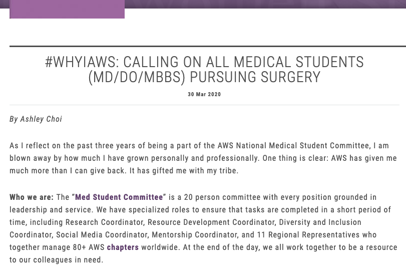 Applications are open for the 2020-2021 AWS National Medical Student Committee! 

We encourage any medical student who is pursuing surgery to apply, especially those who are passionate about creating opportunities in surgery and promoting gender equity in all levels of training.