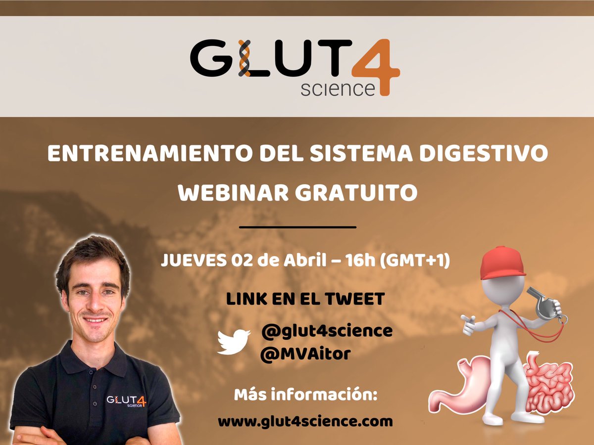 Glut4Science's tweet photo. WEBINAR GRATUITO 2/04 16h - ENTRENAMIENTO DEL SISTEMA DIGESTIVO 🚴🏼‍♂️🔥

¿Quieres acercarte a la metodología del Entrenamiento del Sistema Digestivo?

Este Jueves 2 de Abril a las 16h, en este webinar gratuito te lo presento de forma concisa y clara.👇🏼

📌https://t.co/hd3efqYzZB https://t.co/nWpeNqVyfN