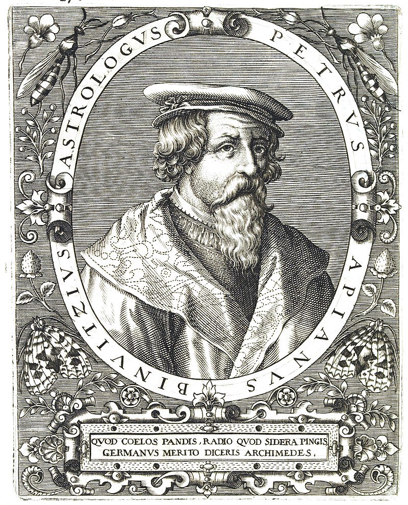 Astronomicum Caesareum was written by the humanist mathematician, astronomer, artist and printer Peter Apian (pictured here in a 16th century engraving) and was printed in Ingolstadt, Germany, in 1540.(Image via:  http://sil.si.edu/digitalcollections/hst/scientific-identity/fullsize/SIL14-A5-04a.jpg)